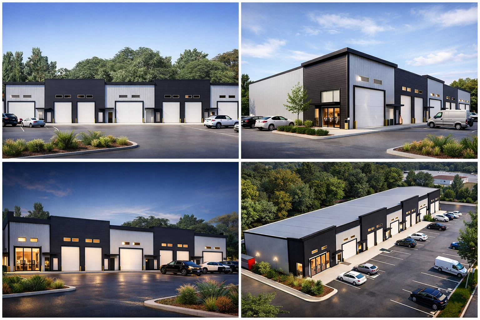 Four concept views of Pinnacle Garages showing day and night exterior perspectives