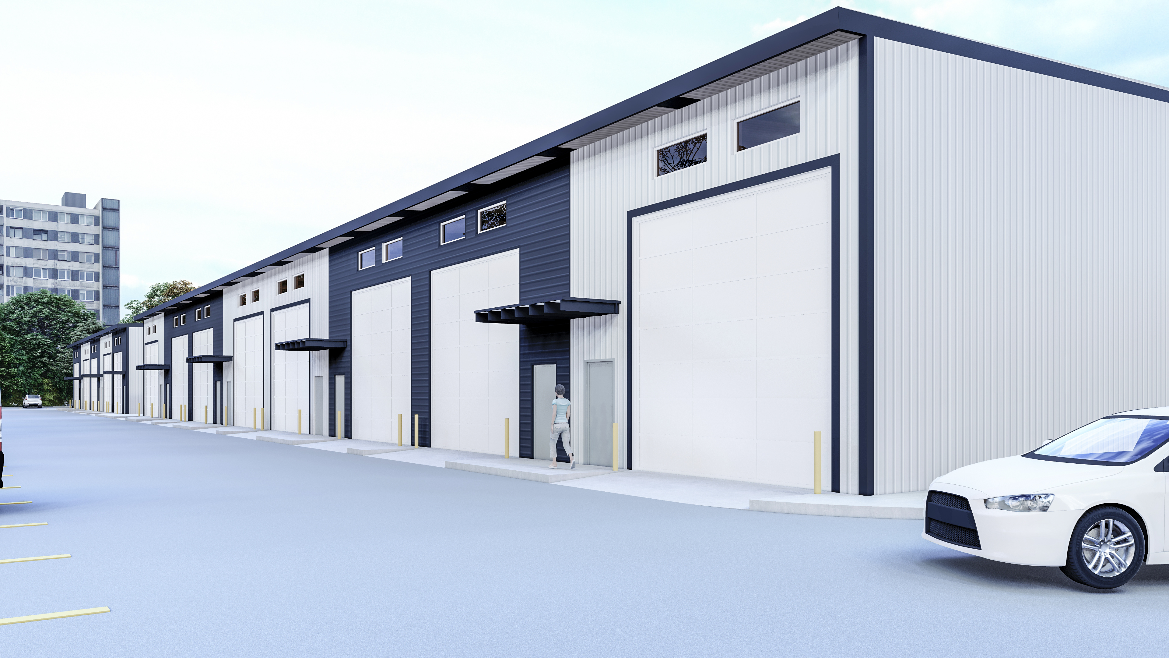 Pinnacle Garages exterior perspective view showing modern garage units with oversized doors