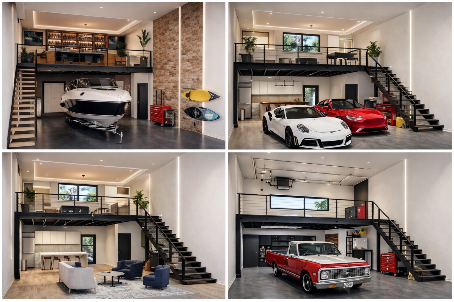 Four interior views showing luxury garage spaces with mezzanine levels, cars, boats, and custom buildouts