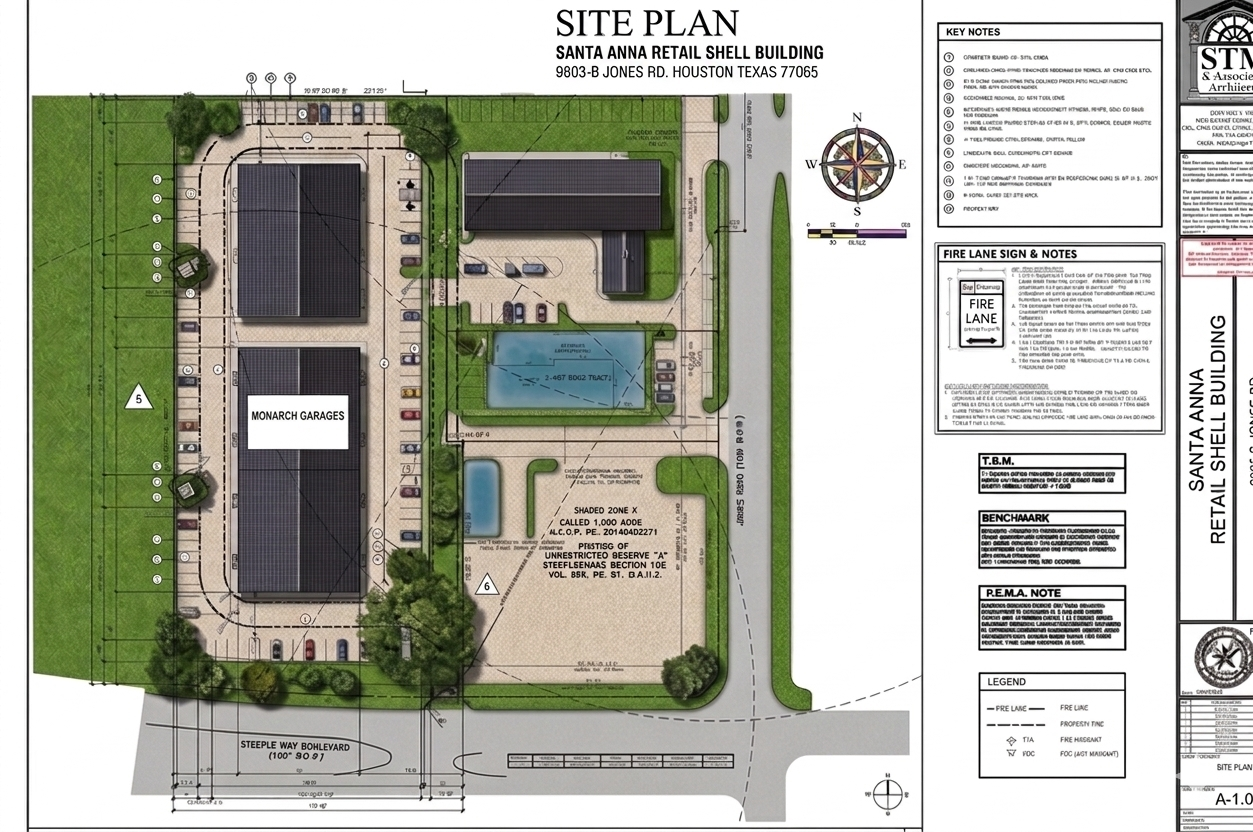 Full site plan with landscaping, parking, and building layout